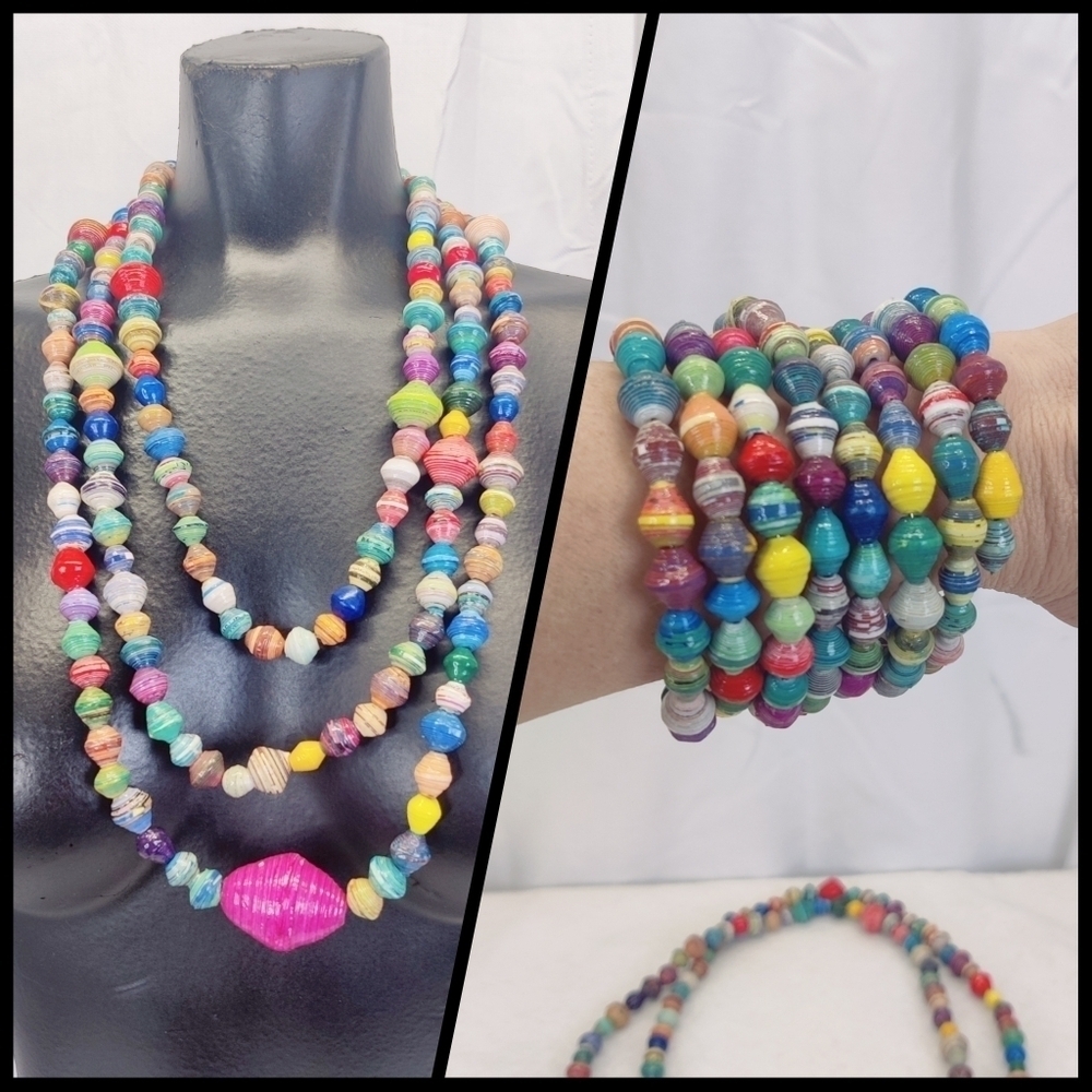 NWT Noonday Collection Hand Rolld Paper Bead Necklace & Coil Bracelet Set Uganda